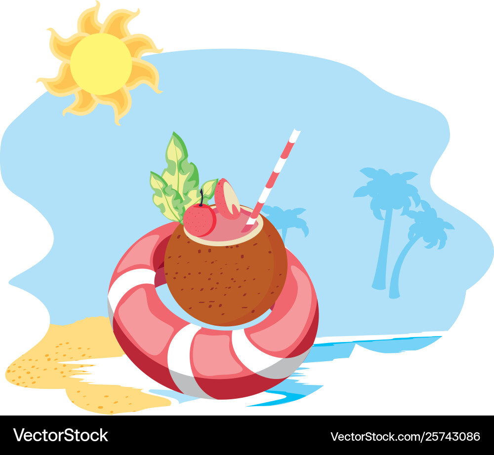 Summer cocktail coconut in beach with float Vector Image