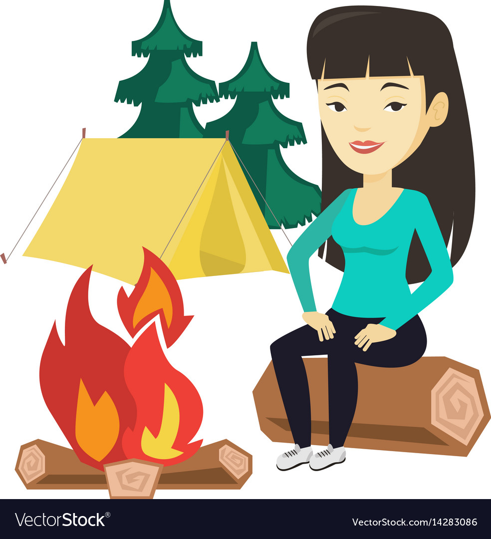 Woman sitting on log near campfire in the camping Vector Image