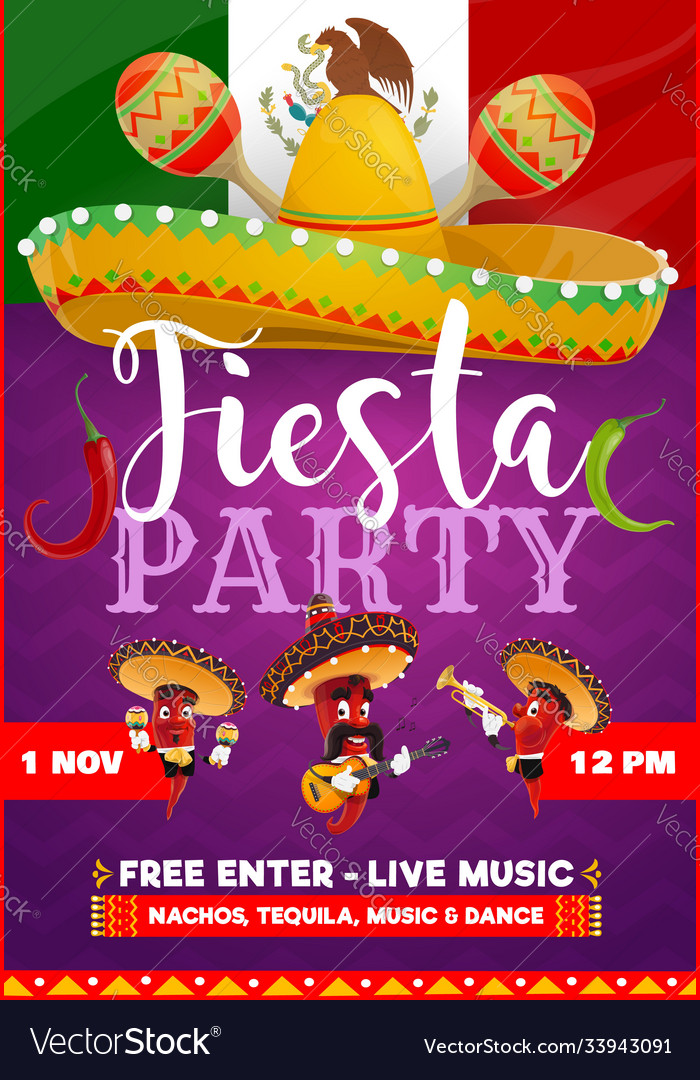 Fiesta party flyer with mariachi peppers Vector Image