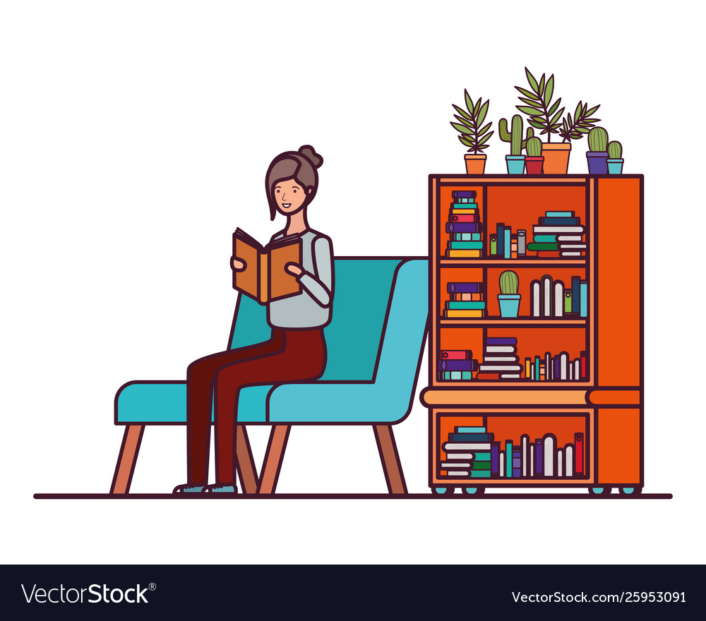 Woman with book in hands living room