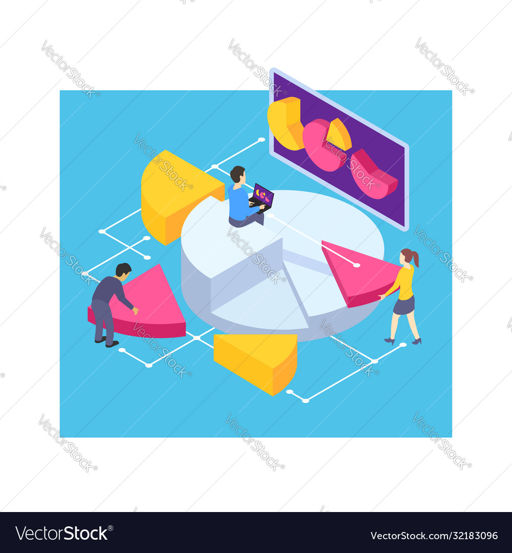 Group people perform data analysis - isometric