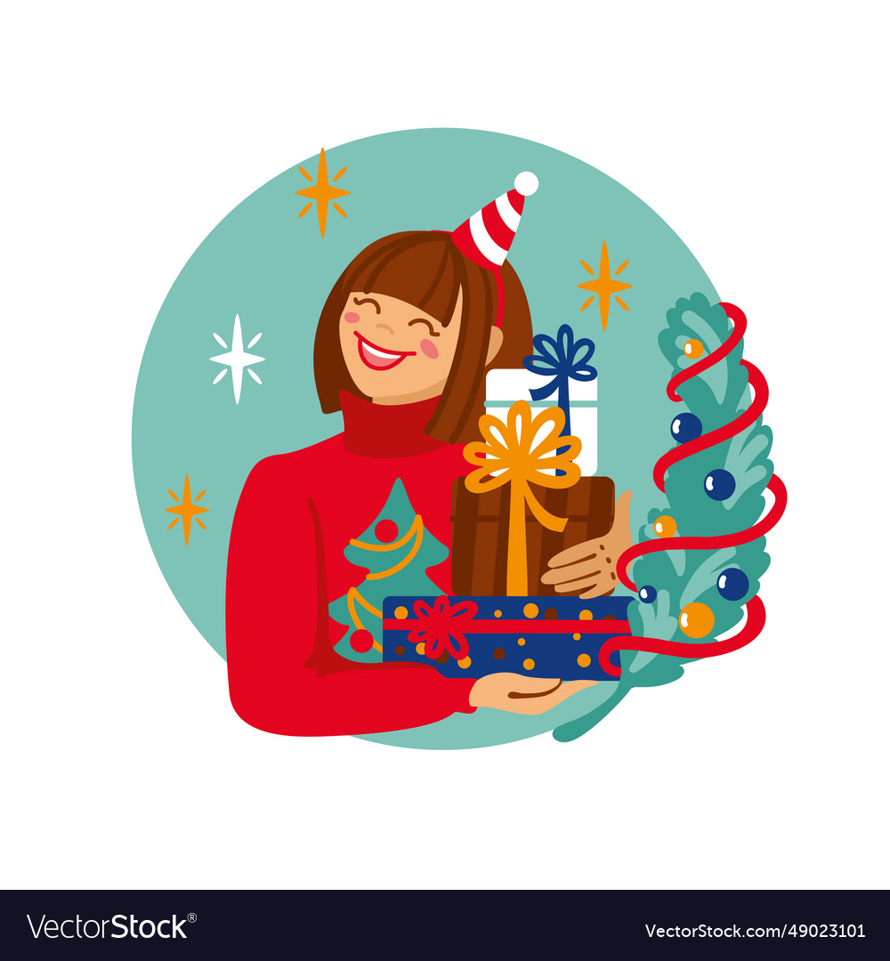 Girl Packed Christmas Gifts To Put Under The Tree Vector Image