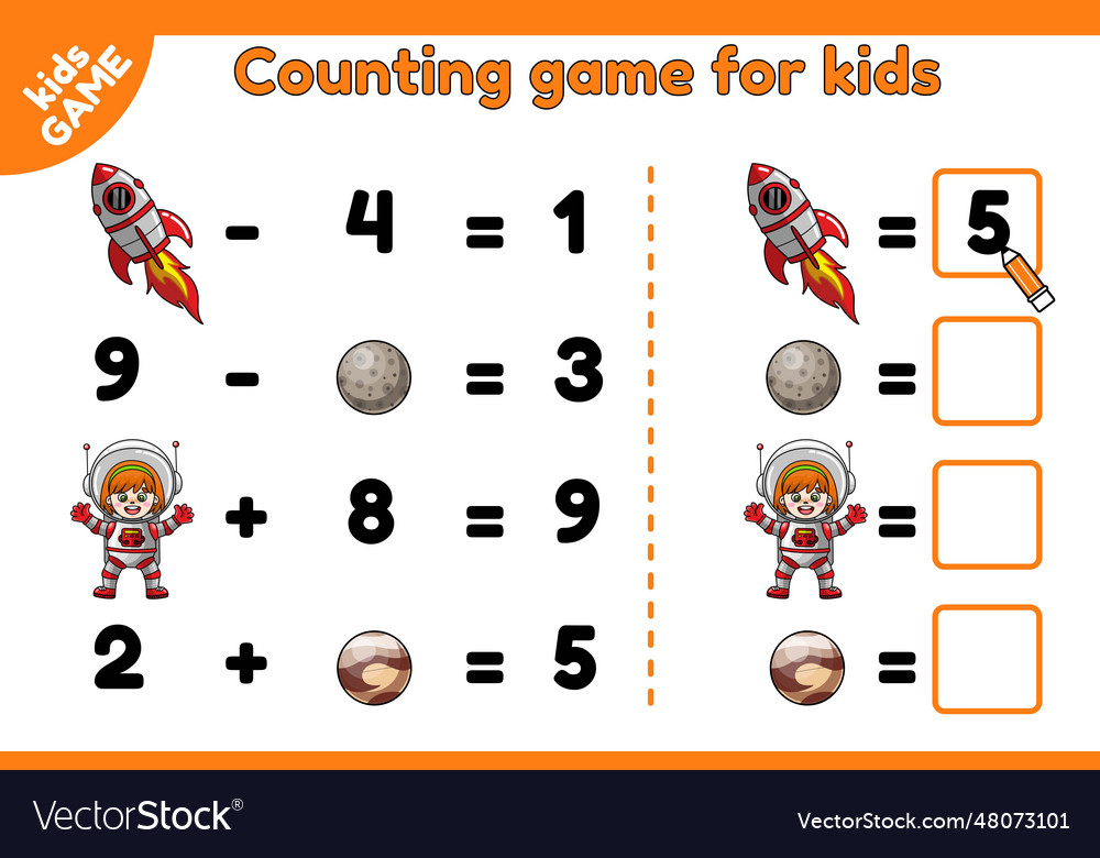 Math counting puzzle game for kids on space theme Vector Image