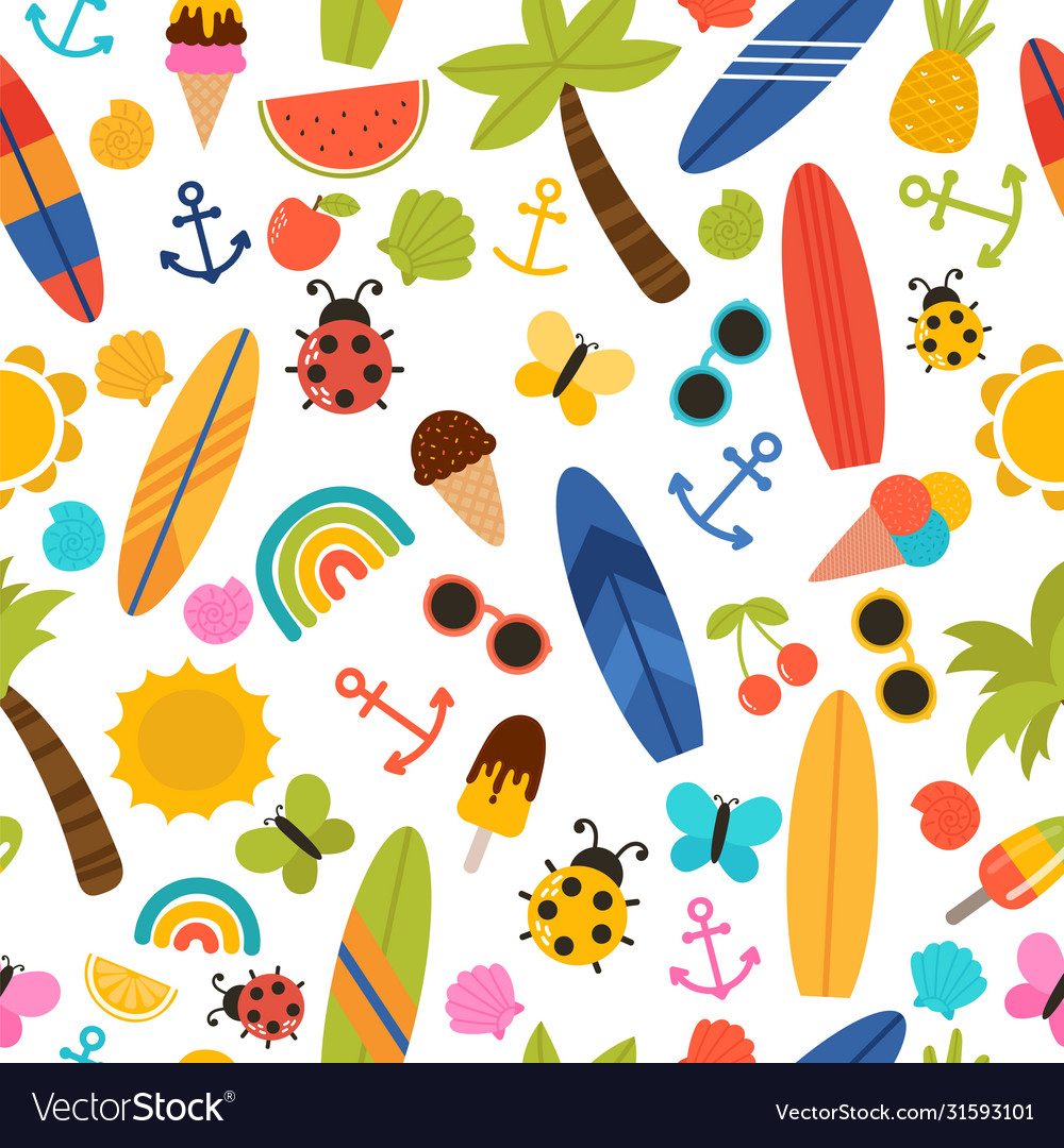 Summer seamless pattern with surfboards palm