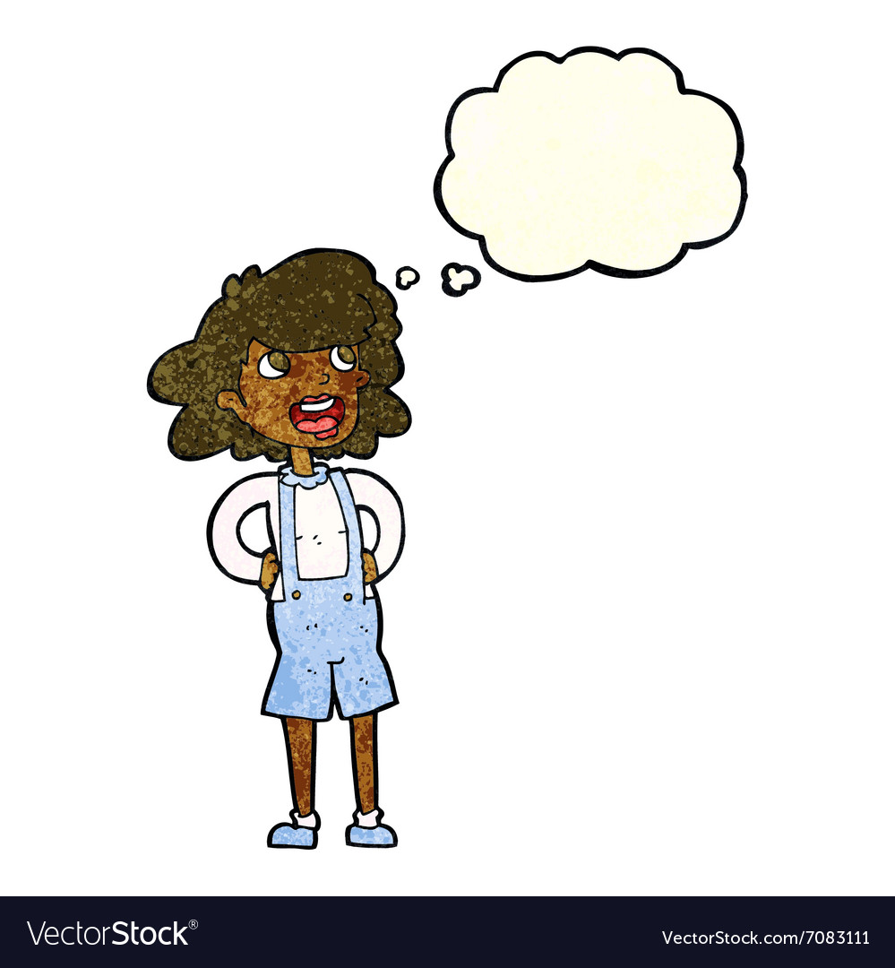 Cartoon woman in dungarees with thought bubble