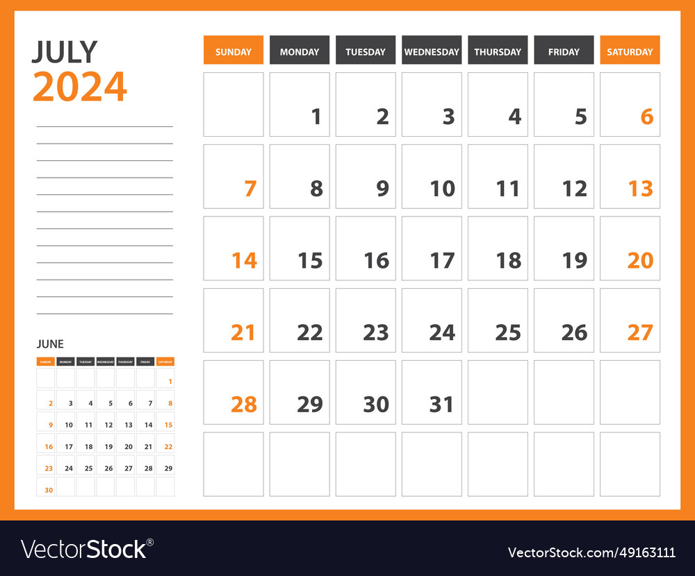 Monthly calendar template for 2024 year - july