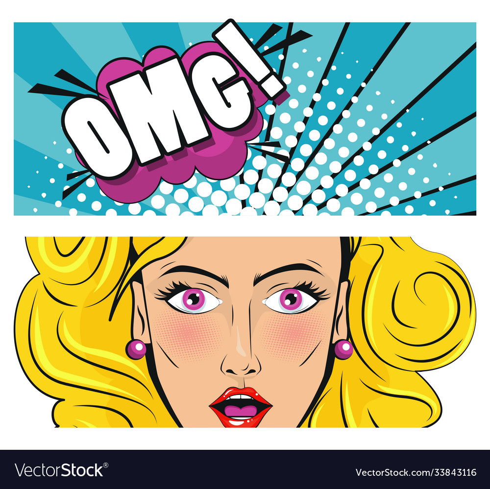 Beautiful blond woman with omg word pop art style vector image. 