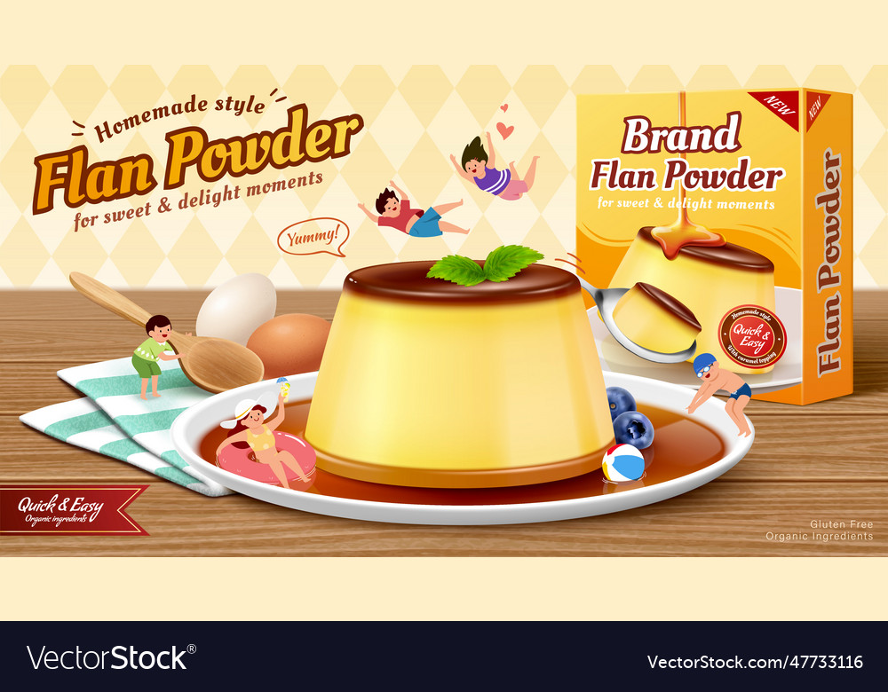 Caramel instant flan powder ad Royalty Free Vector Image