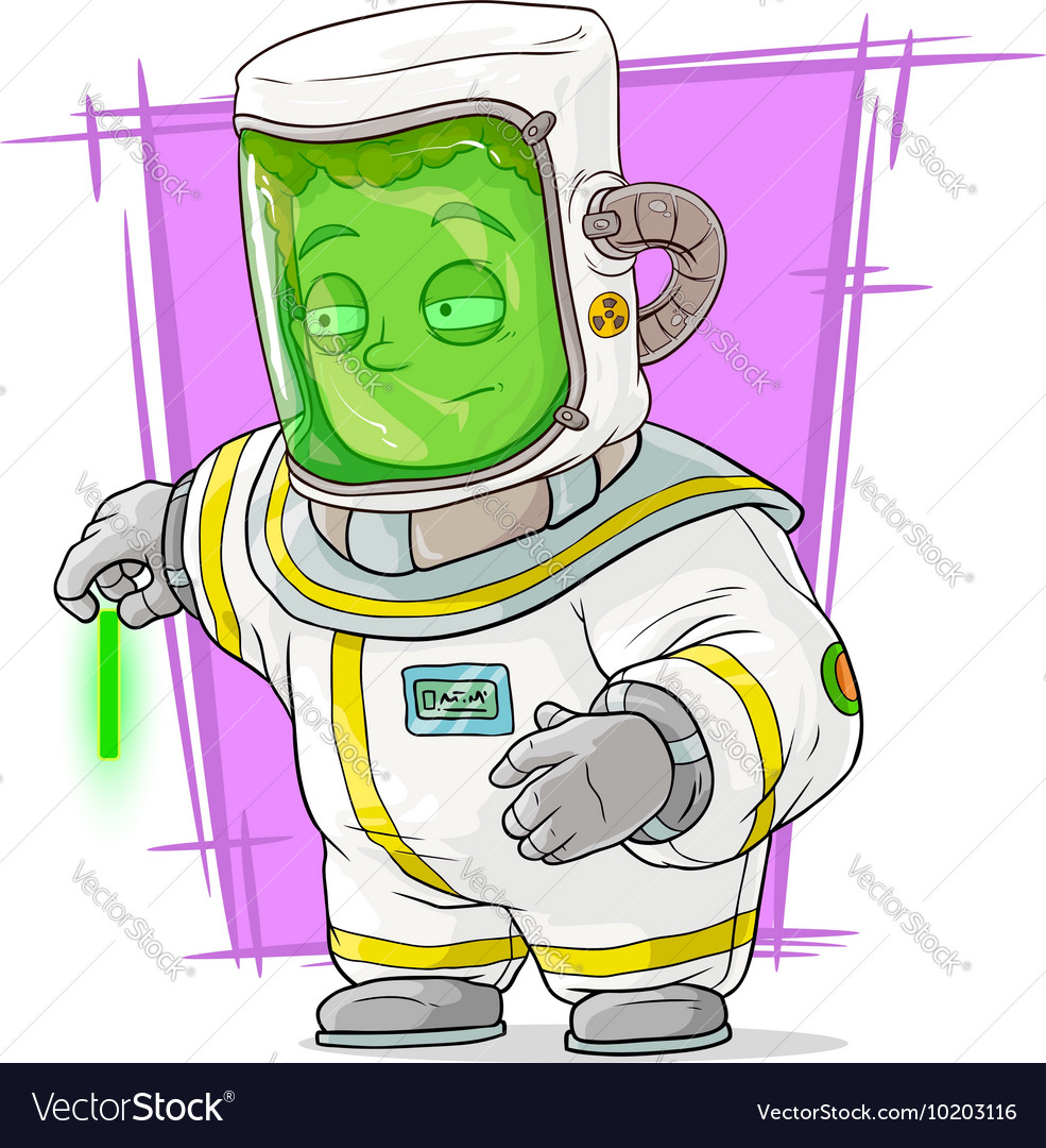 Cartoon scientist in protective suit with uranium