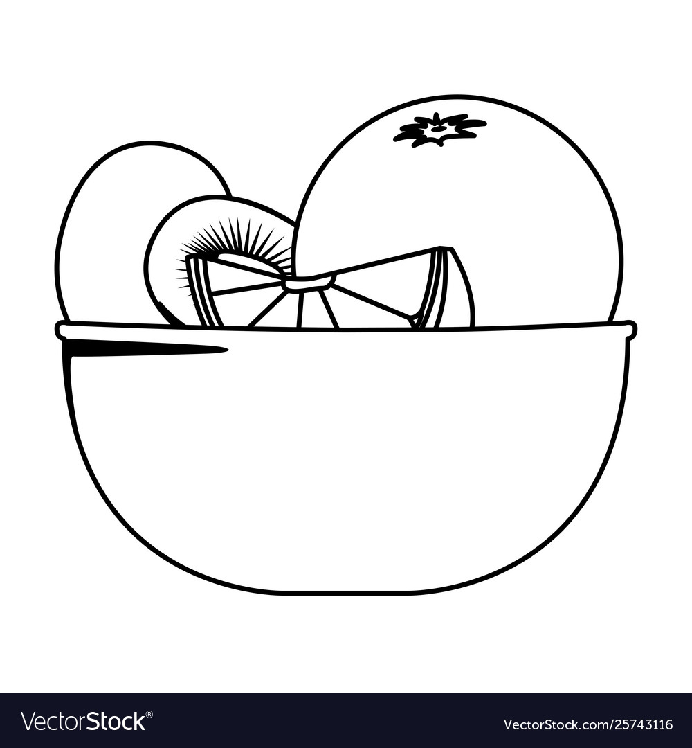 Fresh fruits in bowl cartoon black and white