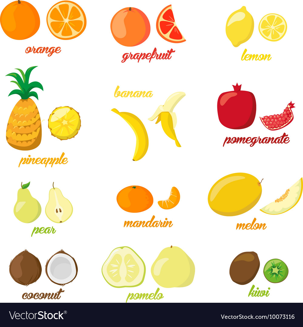 Set of colorful cartoon fruit icons pear orange Vector Image