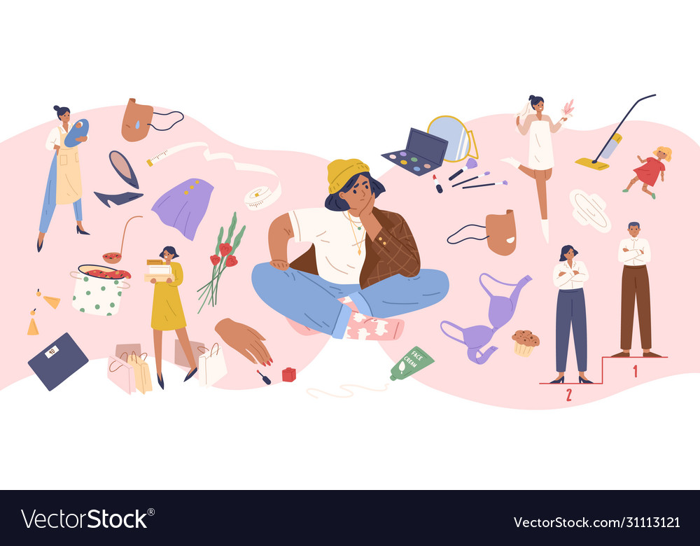 Pensive casual woman surrounded abstract Vector Image