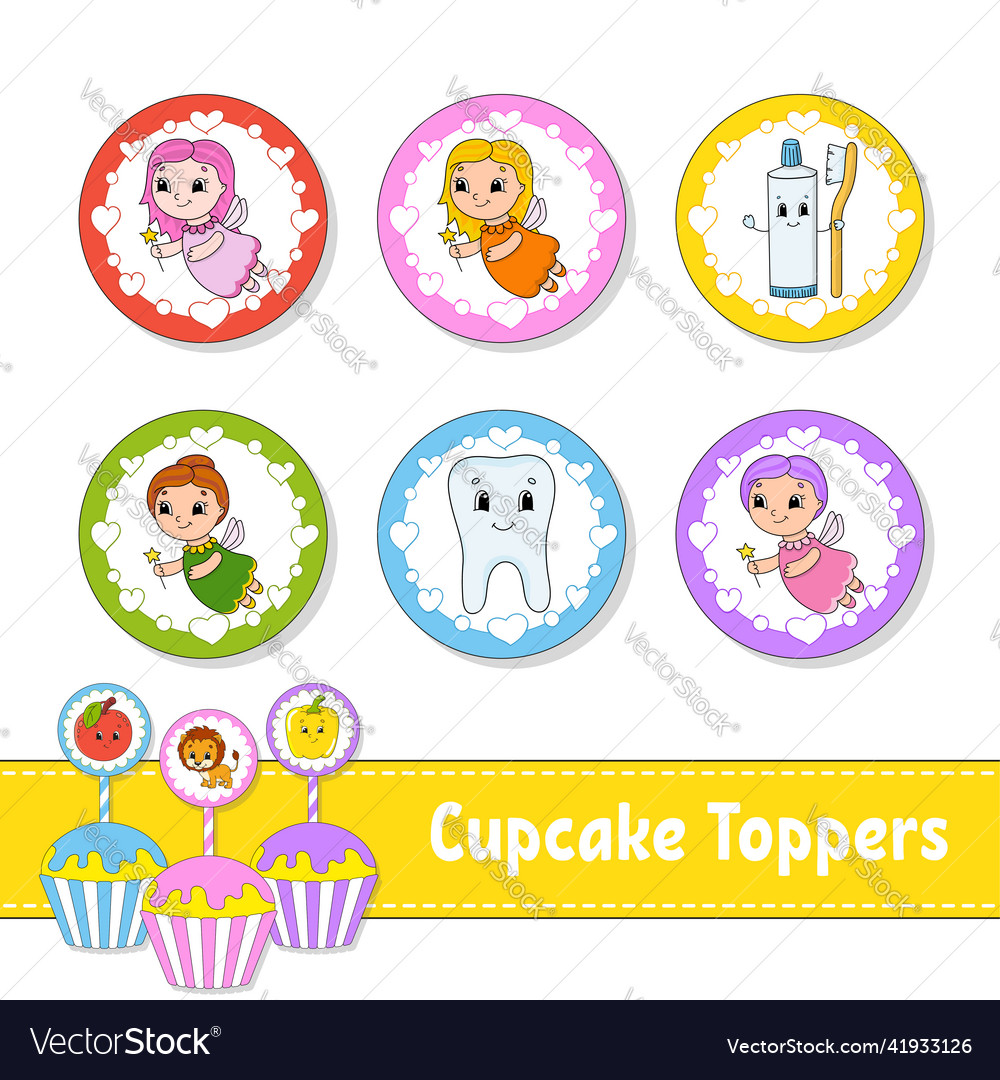 Cupcake toppers set of six round pictures cartoon