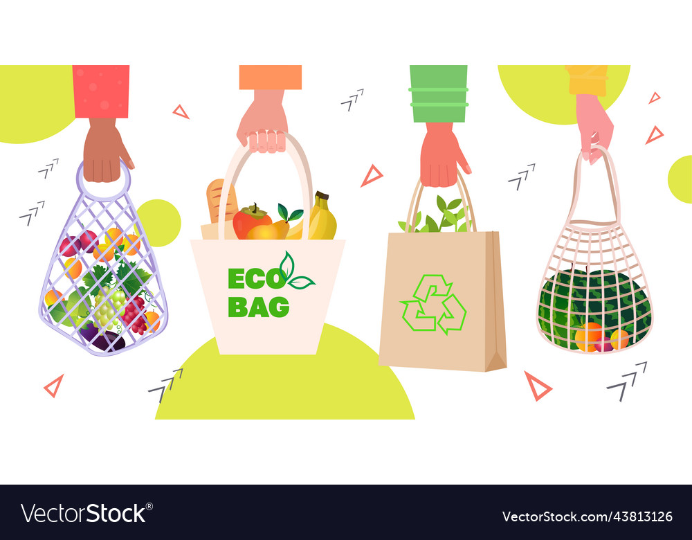 Hands Holding Shopping Eco Bags Full Of Fruits Vector Image