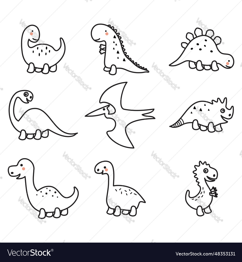 Cute dinosaur outlines in doodle style Royalty Free Vector