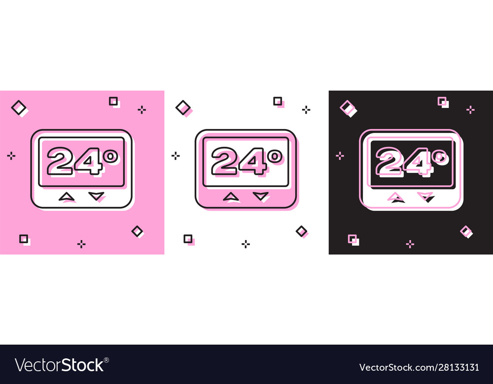 Set thermostat icon isolated on pink and white