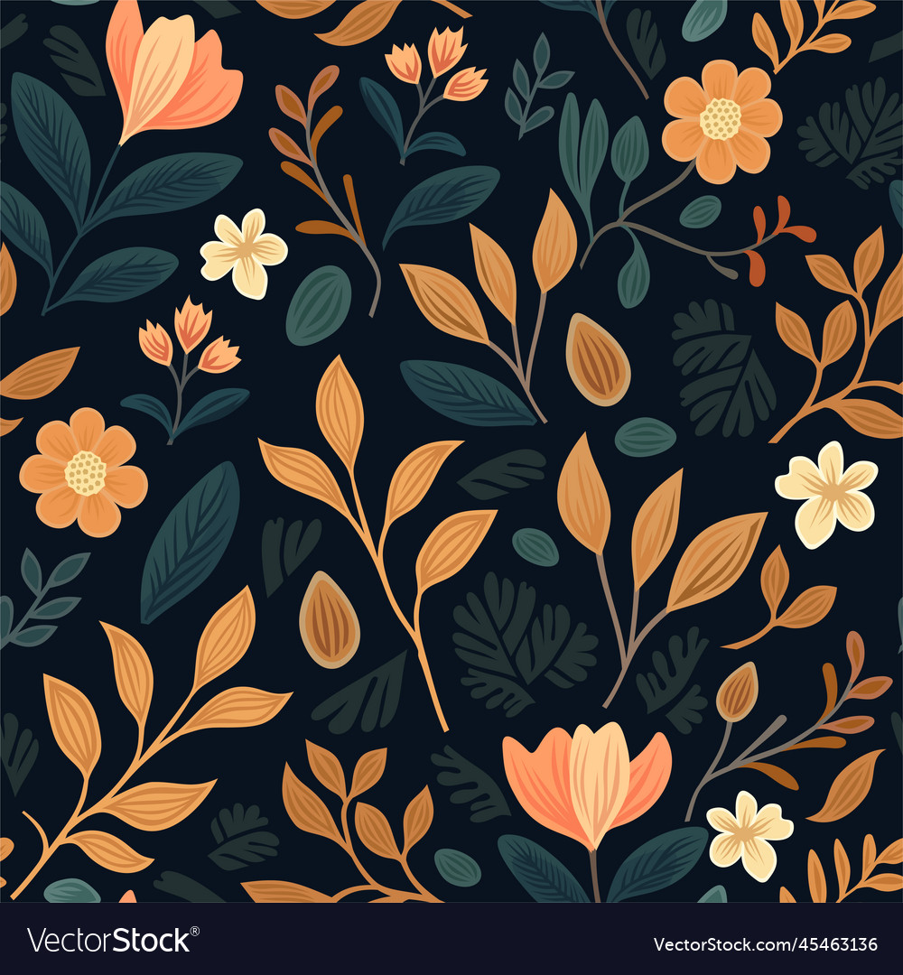 Seamless Floral Pattern On Black Background Vector Image