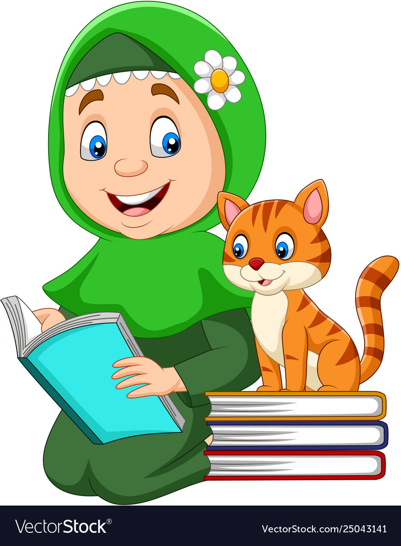 Premium Vector  Cute hijab girl studying with cat cartoon art illustration