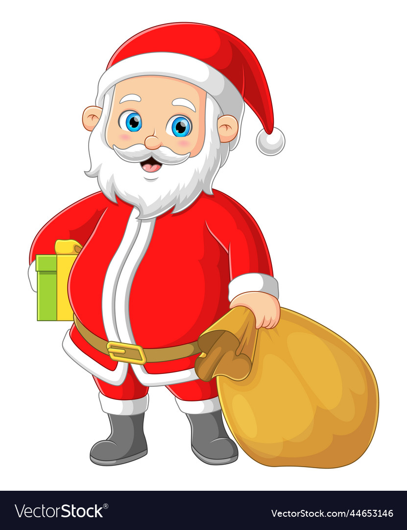 Santa claus is carrying a gift and big sack while Vector Image