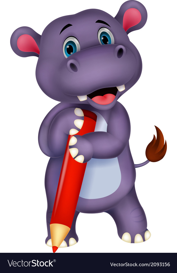 Cute hippo cartoon holding red pencil Royalty Free Vector