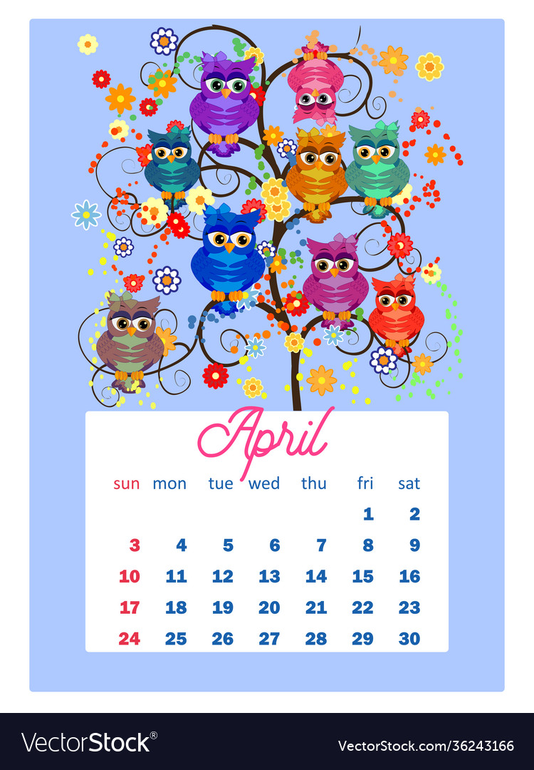 Calendar 2022 cute owls and birds for every month Vector Image