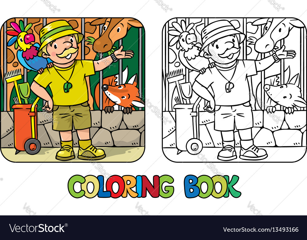 Coloring book of funny zoo keeper with parrot