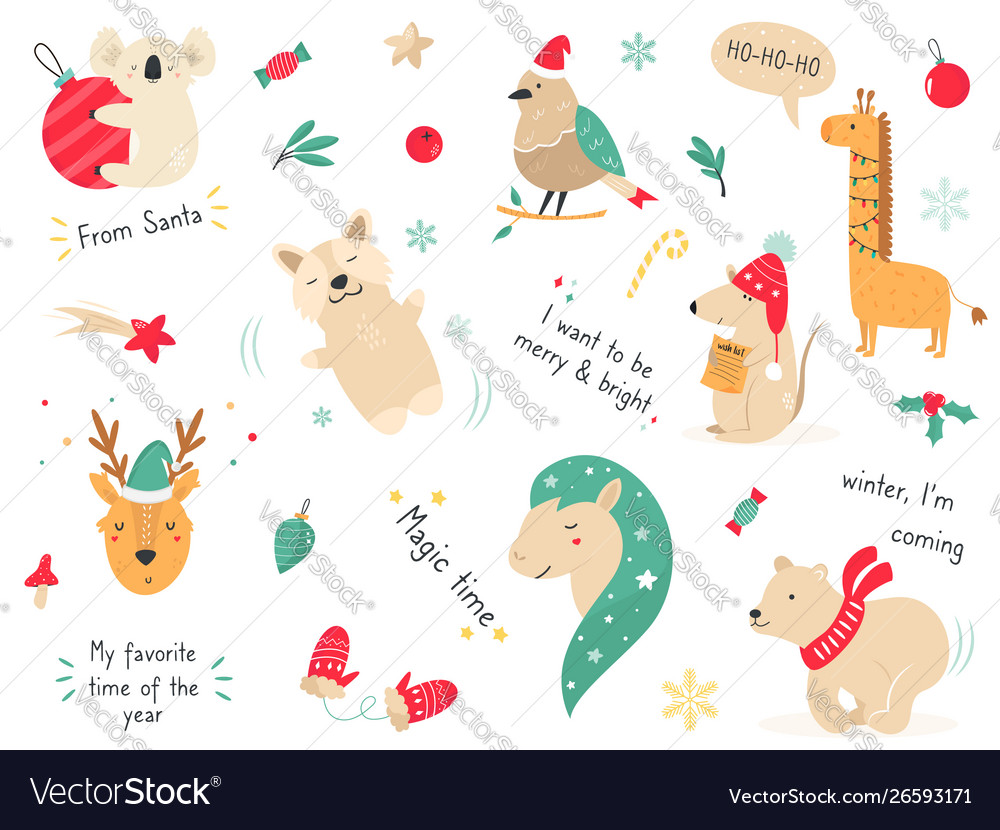 Christmas holiday set with hand drawn animals Vector Image