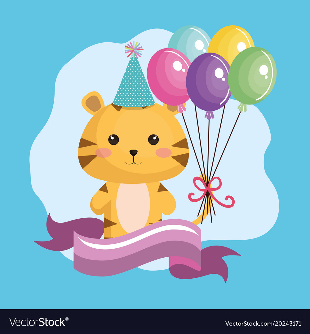 Cute tiger with balloons air kawaii birthday card Vector Image