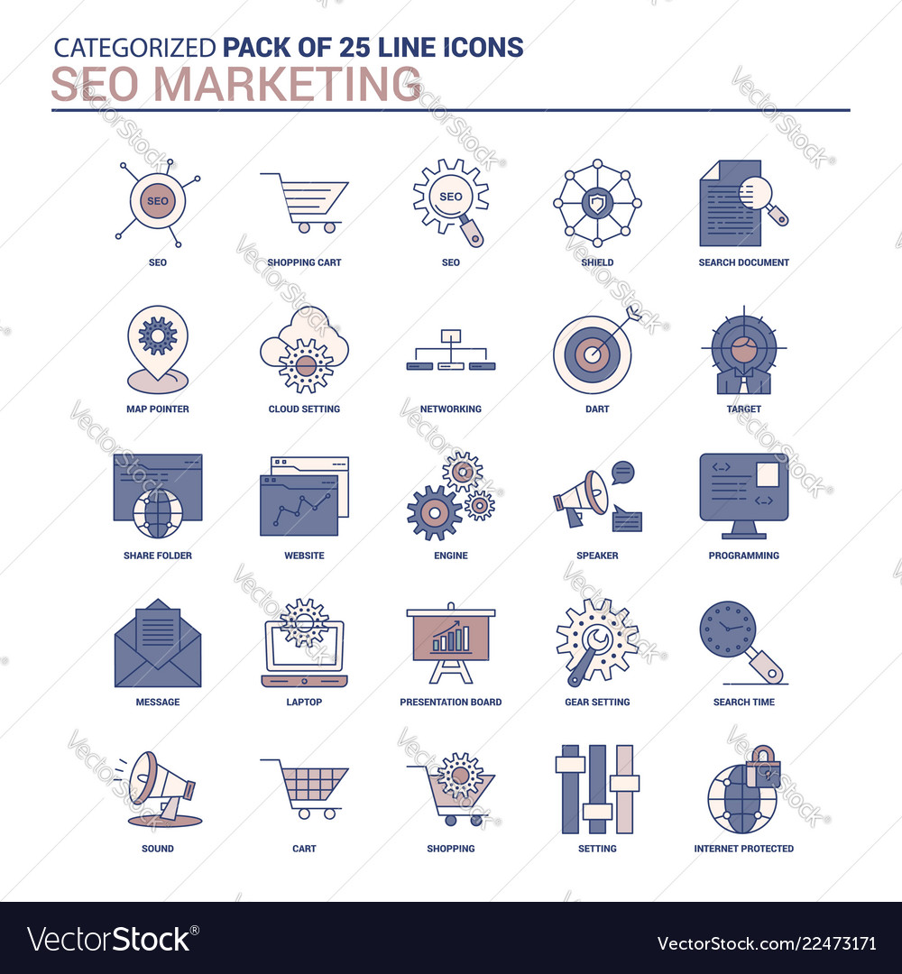 Vintage seo marketing icon set - 25 flat line