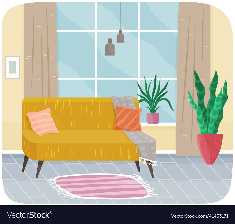 Yellow sofa with pillows in interior design