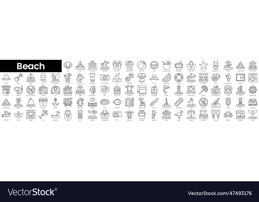 Set of outline beach icons minimalist thin linear