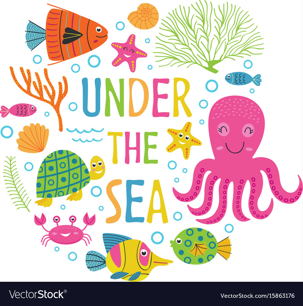 Under the sea card with marine animals Royalty Free Vector