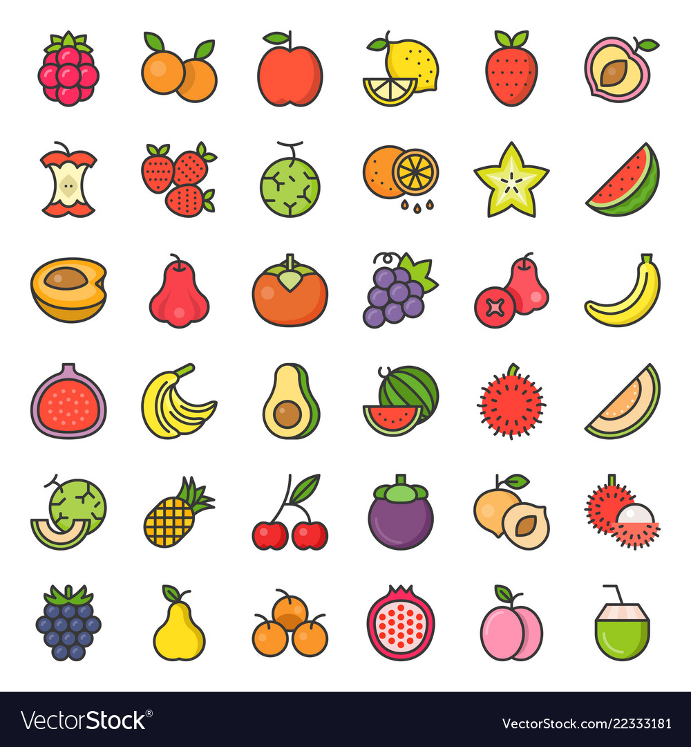 Cute fruit and berries filled outline icon set 2 Vector Image