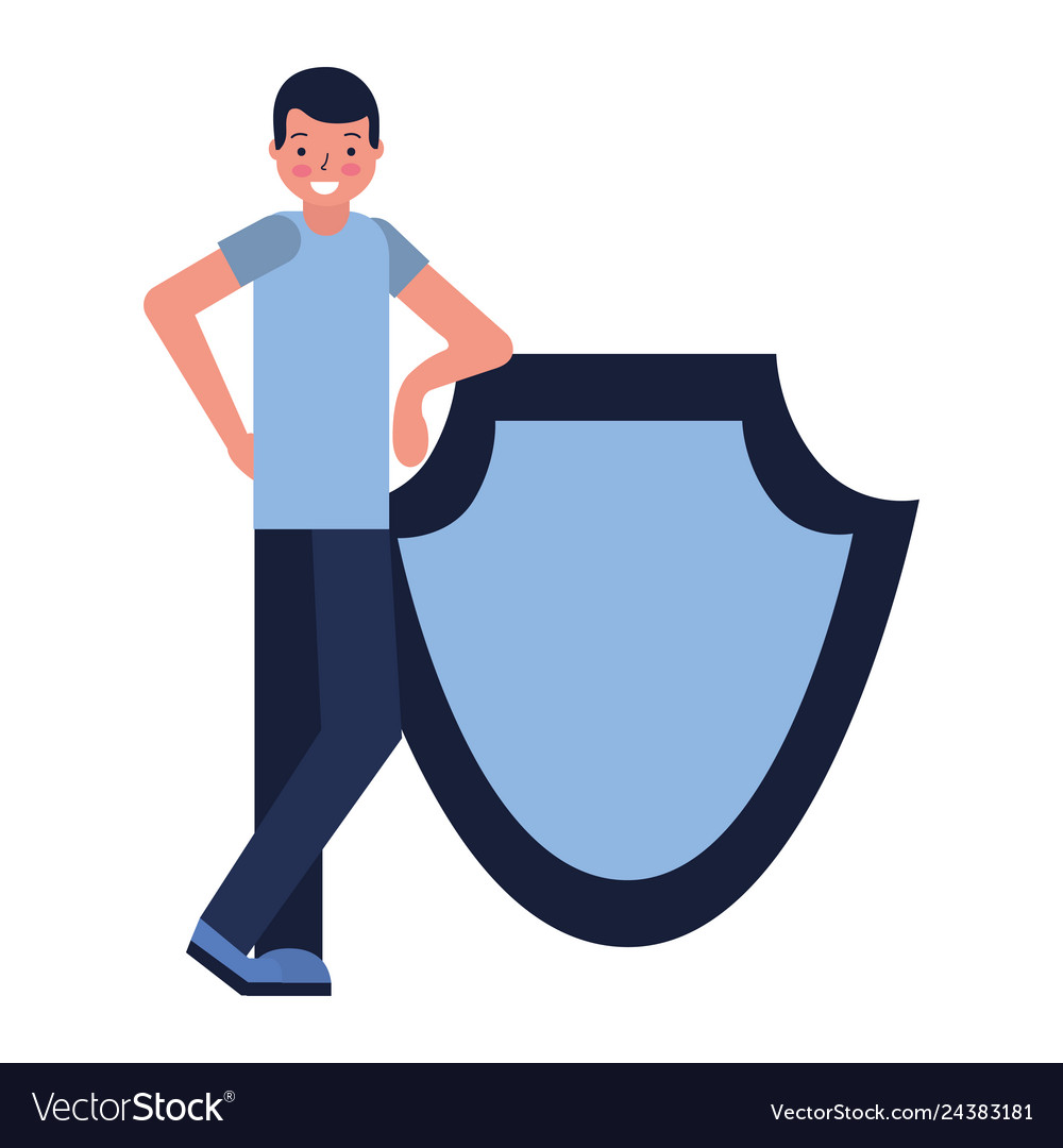 Man with shield protection white background Vector Image
