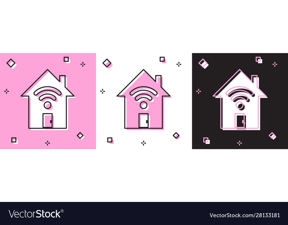 Set smart home with wi-fi icon isolated on pink