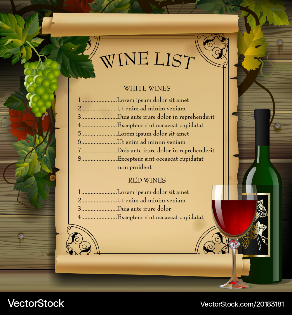 Wine list with old parchment grapes bottle Vector Image