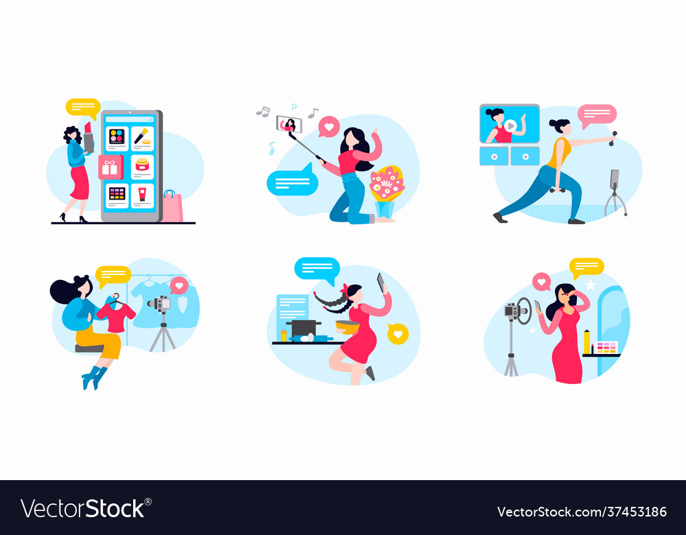 Flat set female bloggers and vloggers Royalty Free Vector