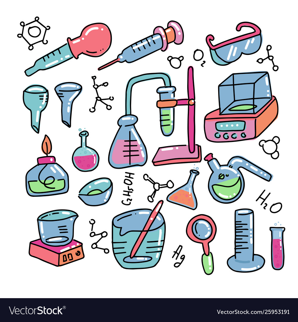 Chemistry decorative color hand drawn icons set Vector Image