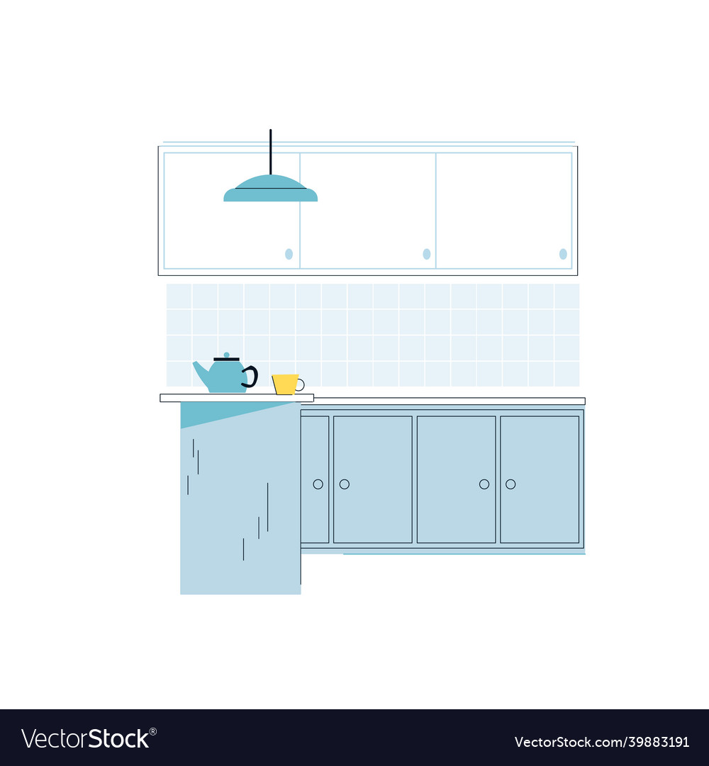 Flat cartoon teapotcup on cooking table