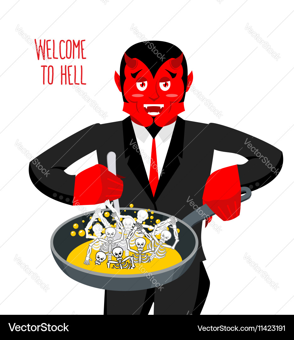 Satan roasts sinners in pan skeletons boiling Vector Image