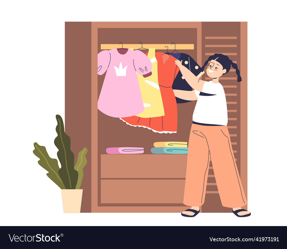 Small girl taking dress out of wardrobe smiling Vector Image