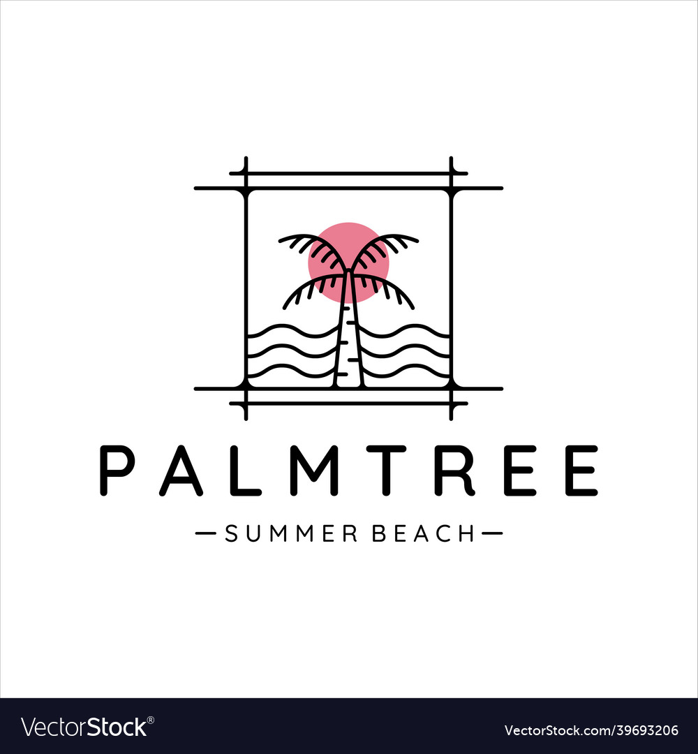 Palm or coconut tree logo line art with sunset