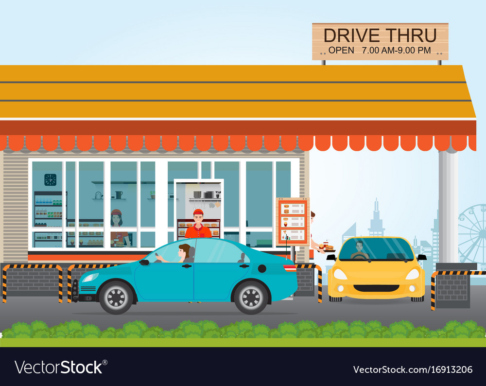 Two Cars Getting Food At A Drive Thru Restaurant Vector Image