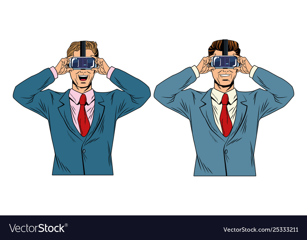 Pop art businessmen with virtual reality glasses