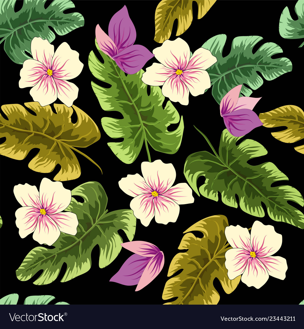 Tropical leaves and flowers in the night style Vector Image