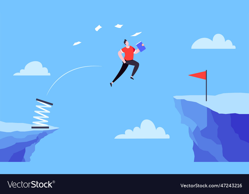 Businessman jumps over the abyss across cliff Vector Image