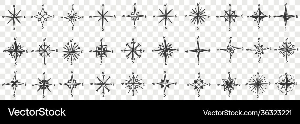 Cardinal points on compass doodle set Royalty Free Vector