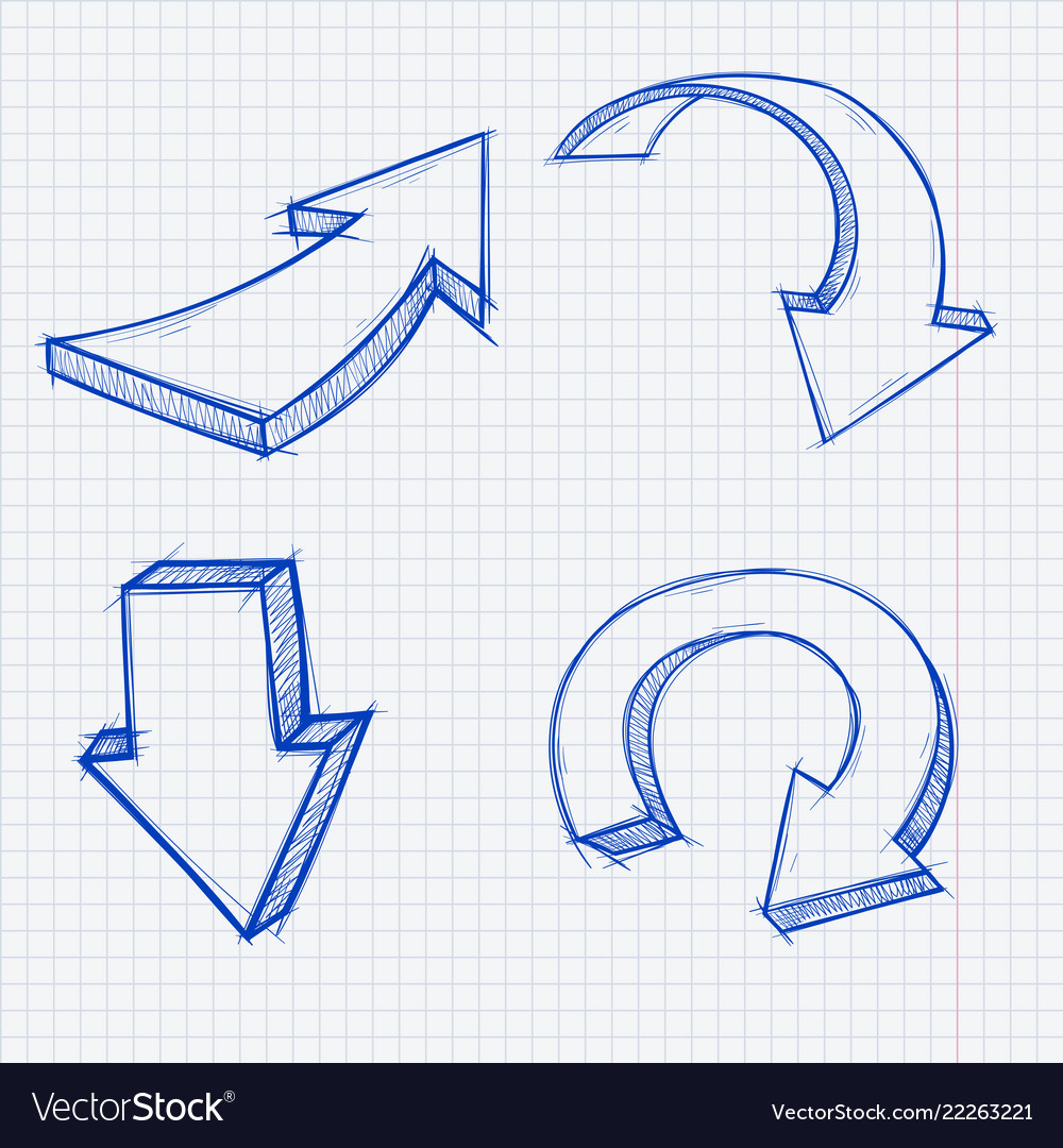 down arrows blue hand drawn sketch on lined paper vector image