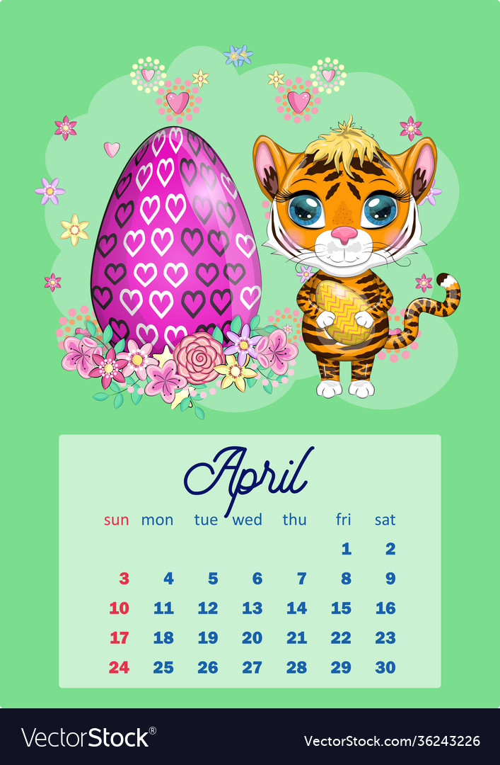 Cute tiger wall calendar template for 2022 year Vector Image