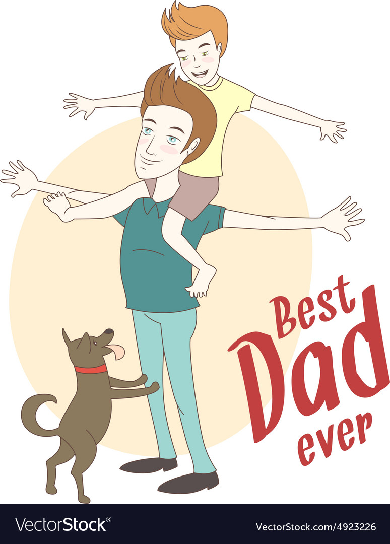 Son on his fathers shoulders with their dog hand Vector Image